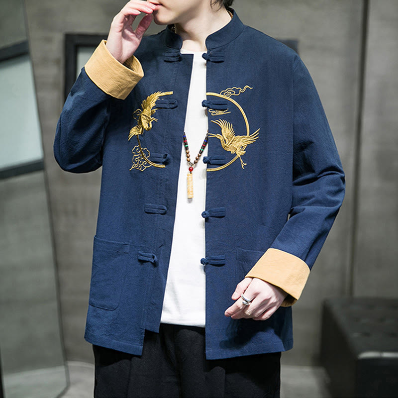 Embroidered Cotton Linen Frog-Button Meditation Shirt
