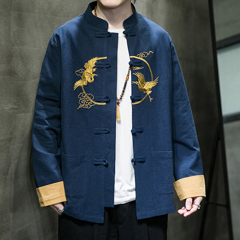 Embroidered Cotton Linen Frog-Button Meditation Shirt