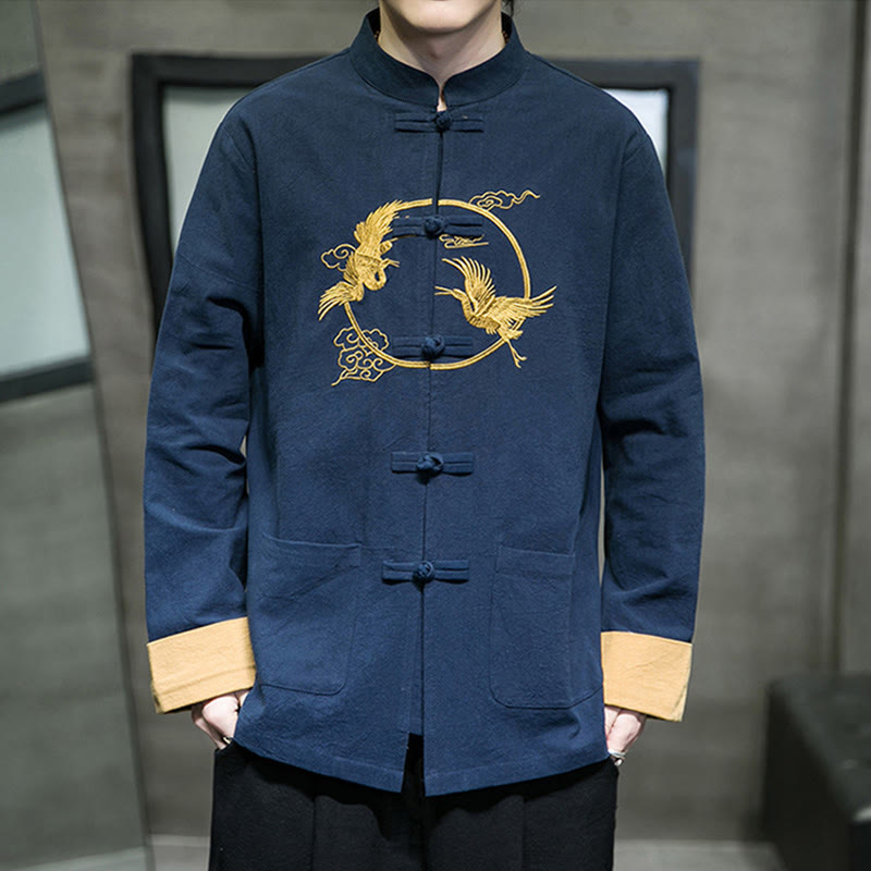Embroidered Cotton Linen Frog-Button Meditation Shirt