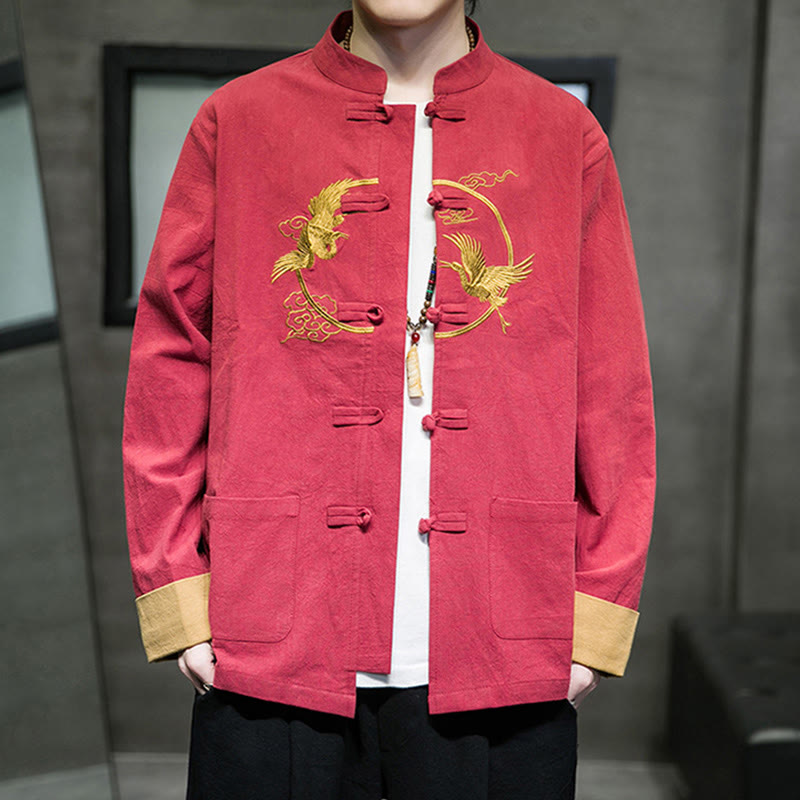 Embroidered Cotton Linen Frog-Button Meditation Shirt