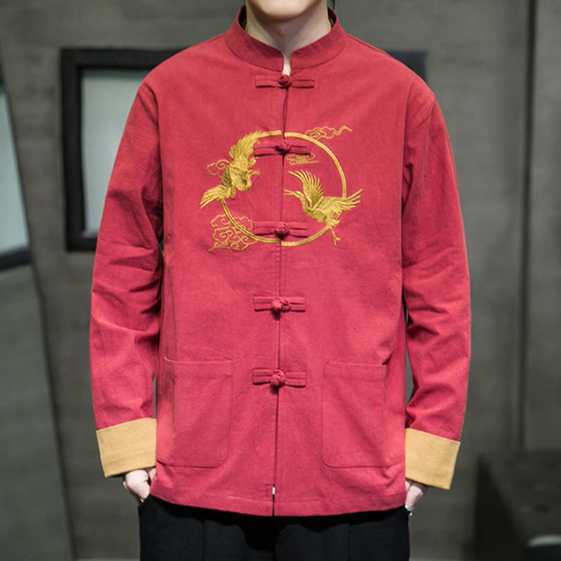 Embroidered Cotton Linen Frog-Button Meditation Shirt