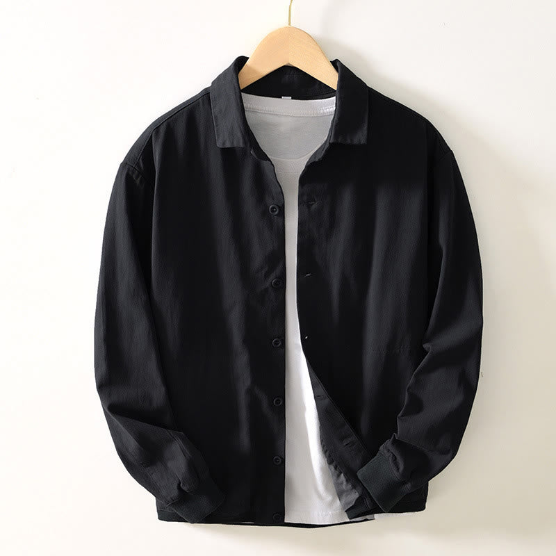 Fall Solid Long Sleeve Buttons Down Men Cotton Shirt With Pockets
