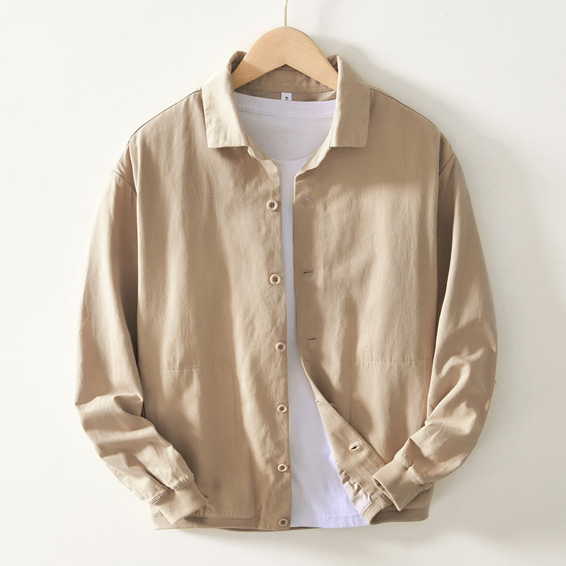 Fall Solid Long Sleeve Buttons Down Men Cotton Shirt With Pockets