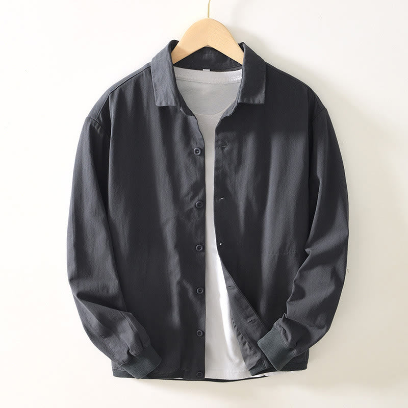 Fall Solid Long Sleeve Buttons Down Men Cotton Shirt With Pockets