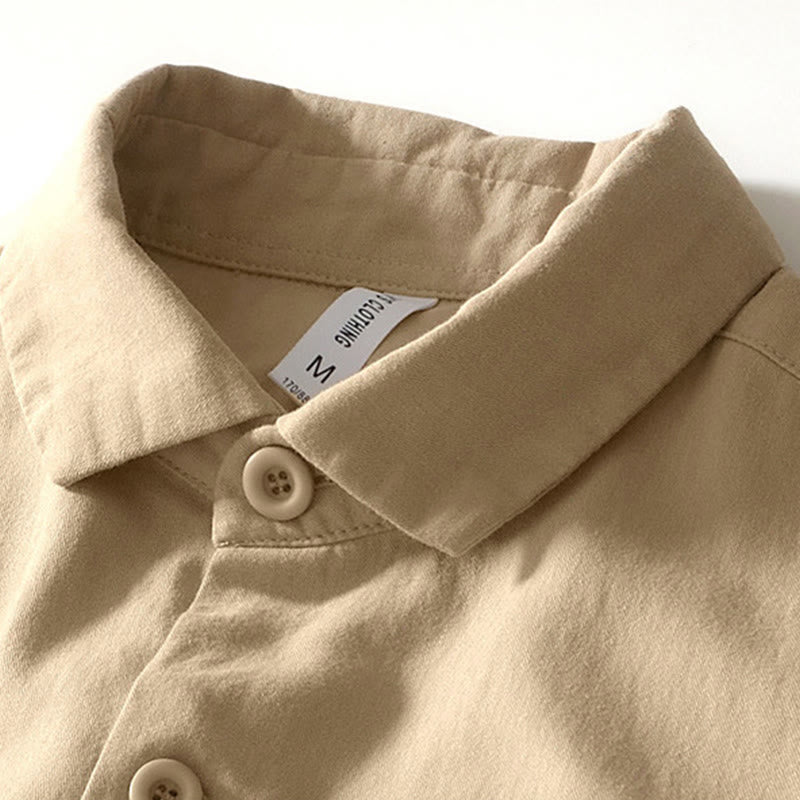 Fall Solid Long Sleeve Buttons Down Men Cotton Shirt With Pockets