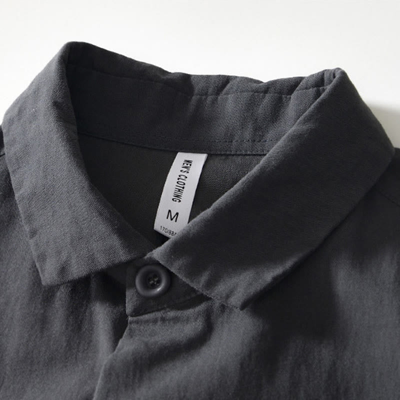 Fall Solid Long Sleeve Buttons Down Men Cotton Shirt With Pockets