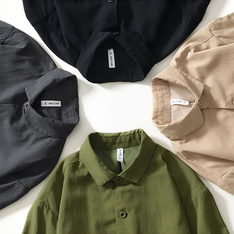 Fall Solid Long Sleeve Buttons Down Men Cotton Shirt With Pockets