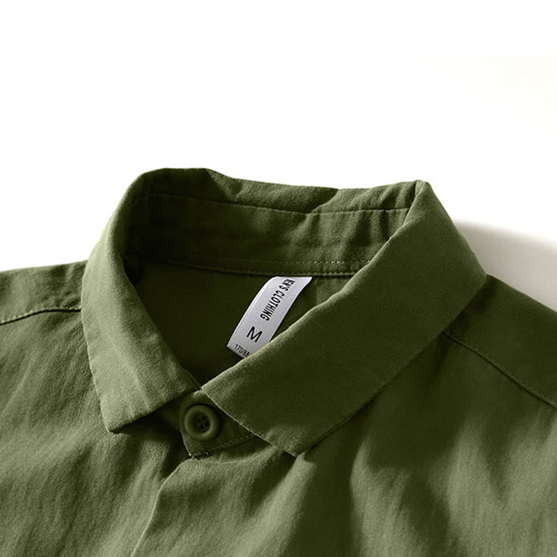 Fall Solid Long Sleeve Buttons Down Men Cotton Shirt With Pockets