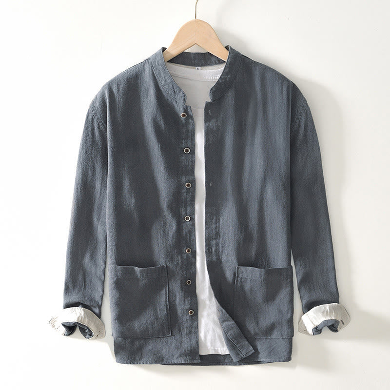 Tactile Ramie Cotton Stand Collar Mindful Men's Shirt
