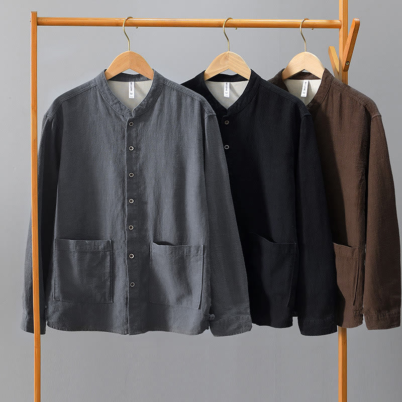 Tactile Ramie Cotton Stand Collar Mindful Men's Shirt