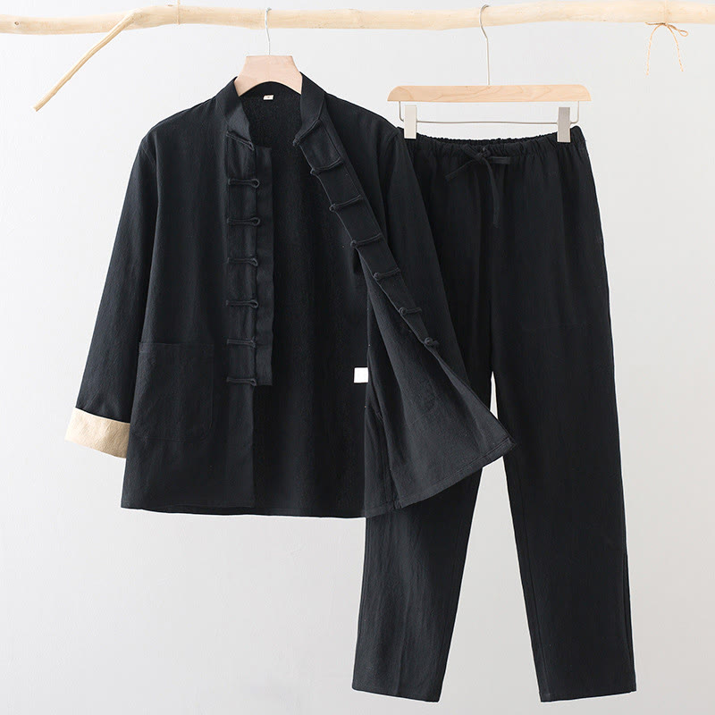 2Pcs Tang Suit Men's Frog-Button Cotton Long Sleeve Shirt Pants Set With Pockets