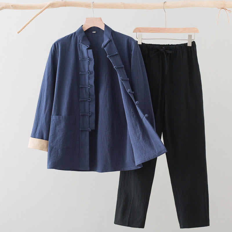 2Pcs Tang Suit Men's Frog-Button Cotton Long Sleeve Shirt Pants Set With Pockets