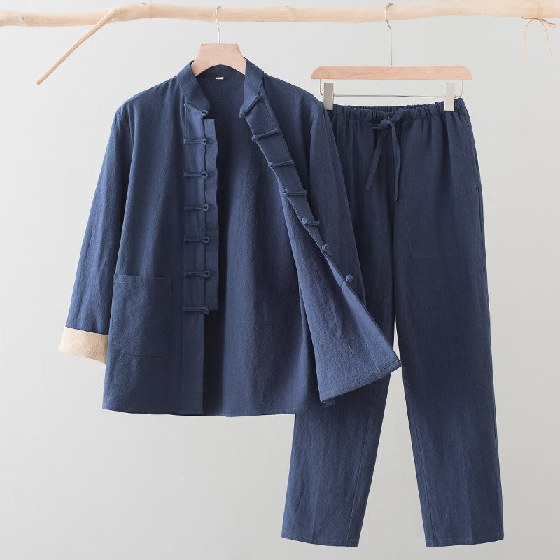 2Pcs Tang Suit Men's Frog-Button Cotton Long Sleeve Shirt Pants Set With Pockets