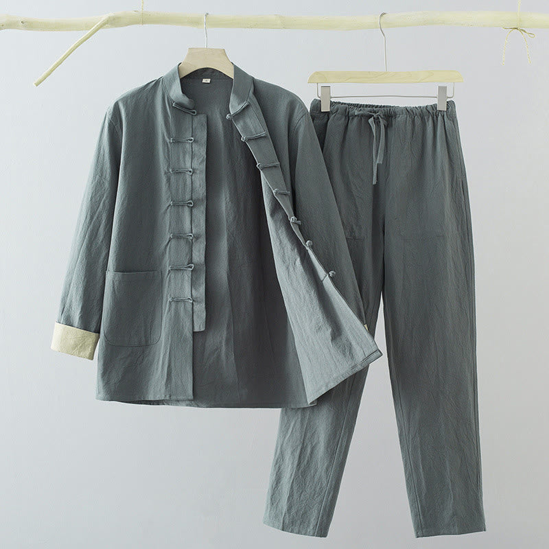 2Pcs Tang Suit Men's Frog-Button Cotton Long Sleeve Shirt Pants Set With Pockets