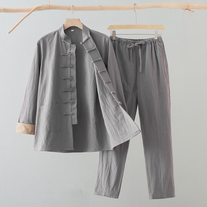 2Pcs Tang Suit Men's Frog-Button Cotton Long Sleeve Shirt Pants Set With Pockets