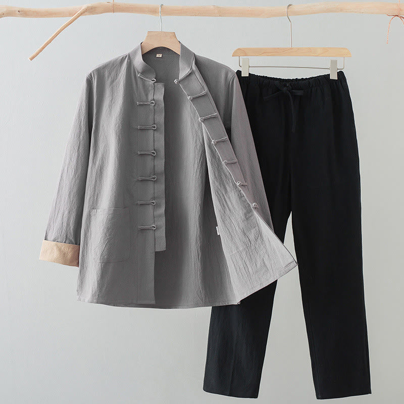 2Pcs Tang Suit Men's Frog-Button Cotton Long Sleeve Shirt Pants Set With Pockets