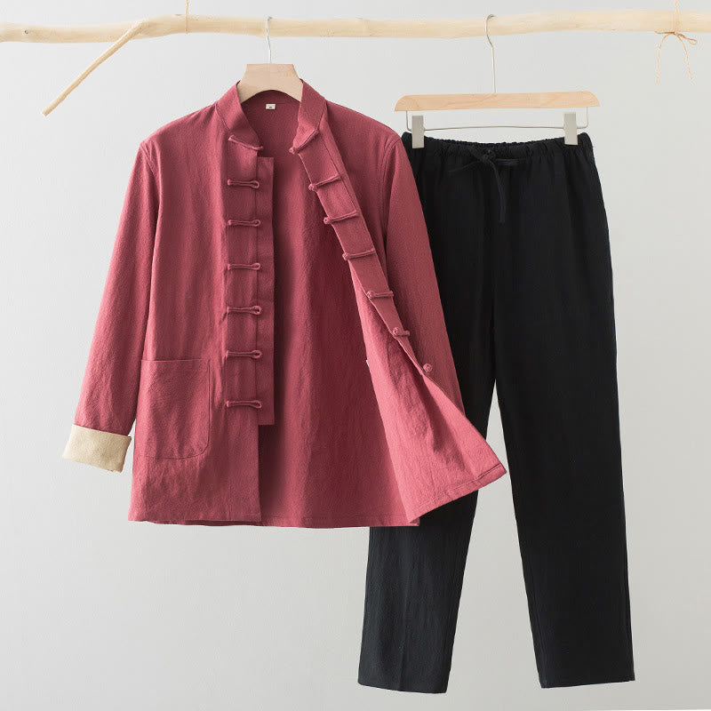 2Pcs Tang Suit Men's Frog-Button Cotton Long Sleeve Shirt Pants Set With Pockets