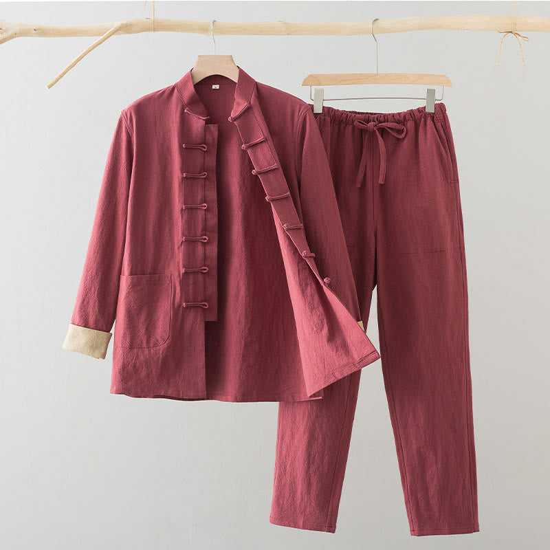 2Pcs Tang Suit Men's Frog-Button Cotton Long Sleeve Shirt Pants Set With Pockets