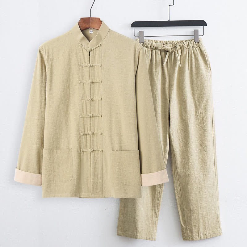 2Pcs Tang Suit Men's Frog-Button Cotton Long Sleeve Shirt Pants Set With Pockets