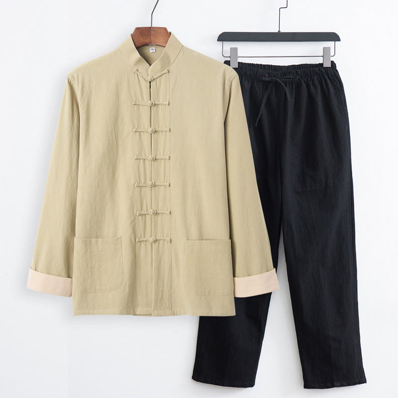 2Pcs Tang Suit Men's Frog-Button Cotton Long Sleeve Shirt Pants Set With Pockets
