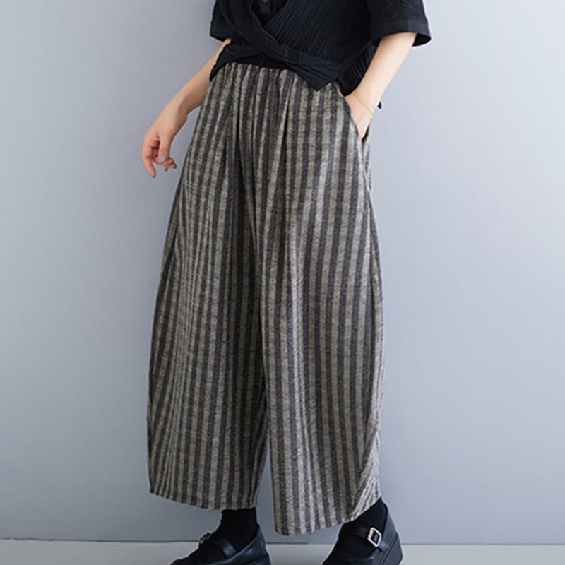 Casual 7-8 Length Corduroy Stripes Women's Polyester Wide Leg Pants With Pockets