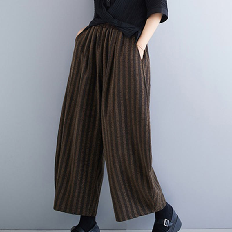 Casual 7-8 Length Corduroy Stripes Women's Polyester Wide Leg Pants With Pockets