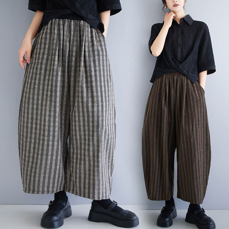 Casual 7-8 Length Corduroy Stripes Women's Polyester Wide Leg Pants With Pockets