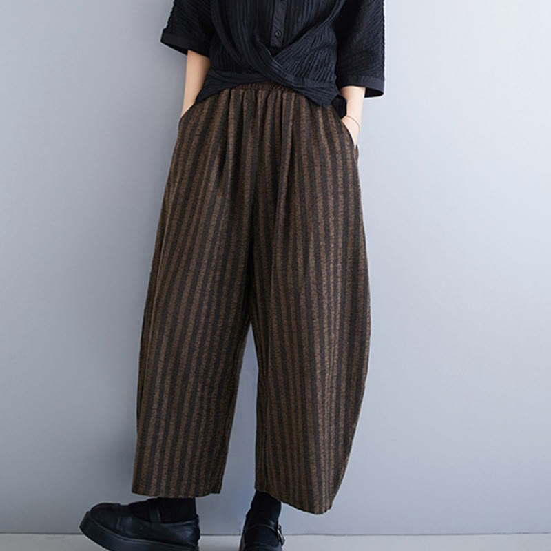 Casual 7-8 Length Corduroy Stripes Women's Polyester Wide Leg Pants With Pockets