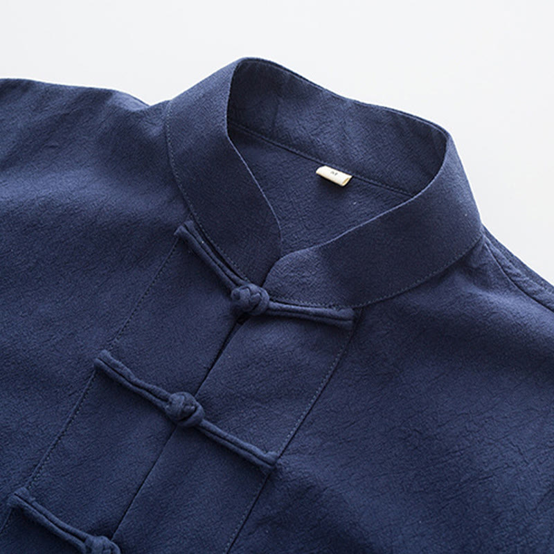 2Pcs Tang Suit Men's Frog-Button Cotton Long Sleeve Shirt Pants Set With Pockets