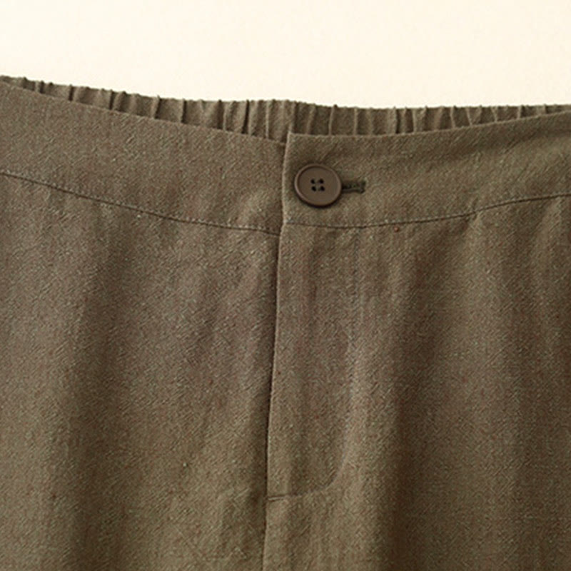 Casual Plain Women's Cotton Linen Elastic Waist Wide Leg Pants With Pockets