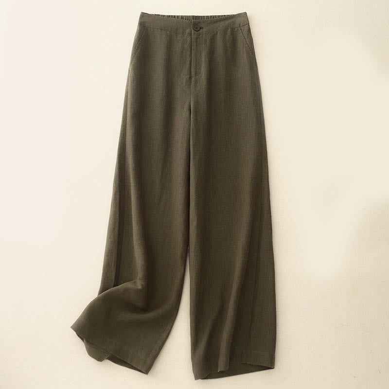 Casual Plain Women's Cotton Linen Elastic Waist Wide Leg Pants With Pockets