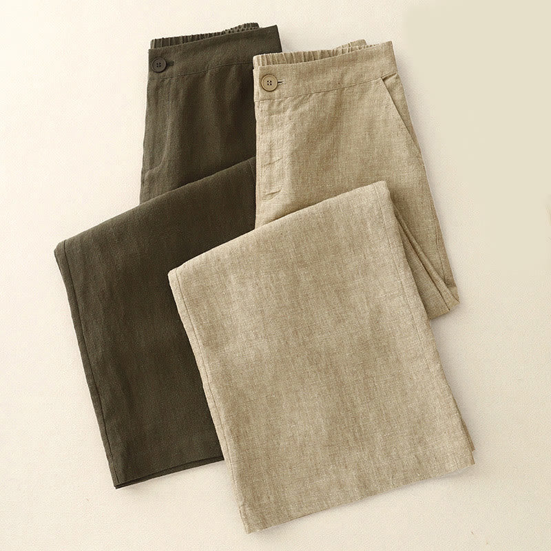 Casual Plain Women's Cotton Linen Elastic Waist Wide Leg Pants With Pockets