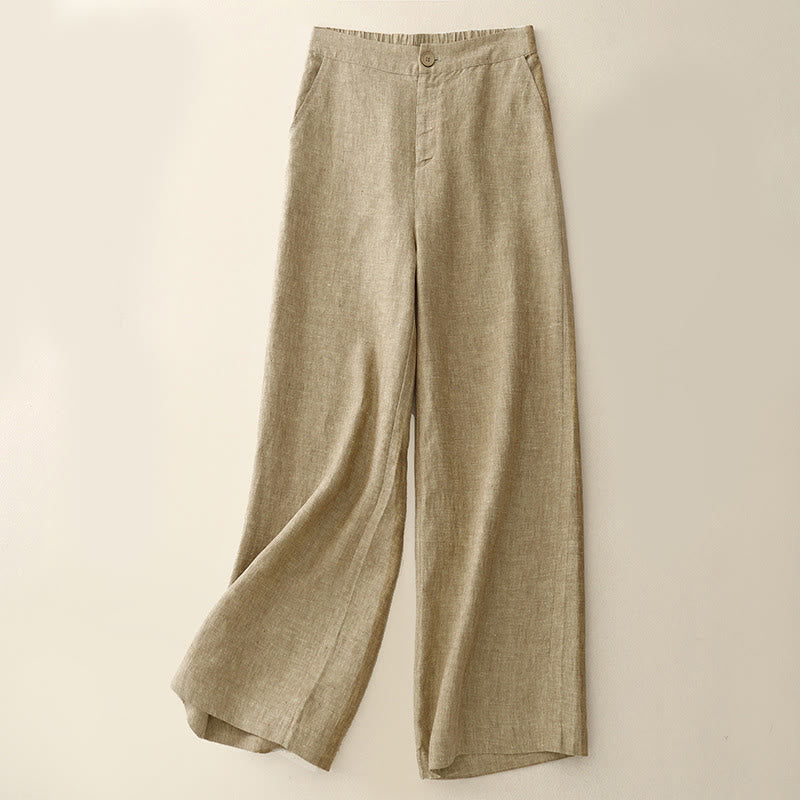 Casual Plain Women's Cotton Linen Elastic Waist Wide Leg Pants With Pockets