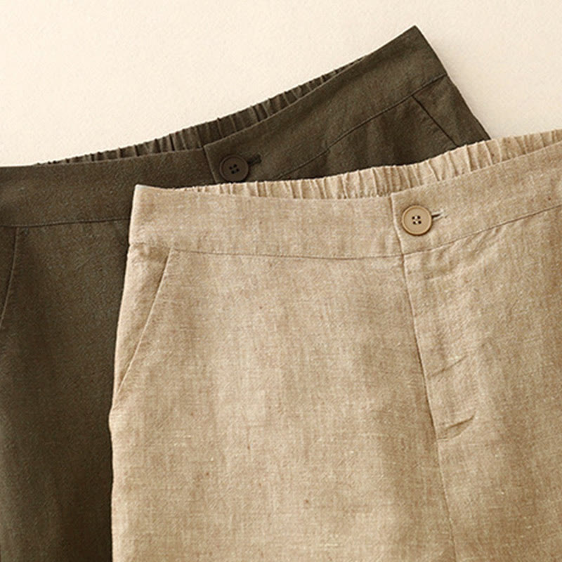 Casual Plain Women's Cotton Linen Elastic Waist Wide Leg Pants With Pockets