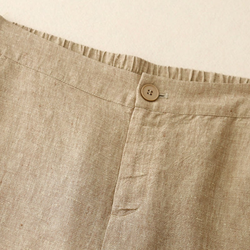 Casual Plain Women's Cotton Linen Elastic Waist Wide Leg Pants With Pockets