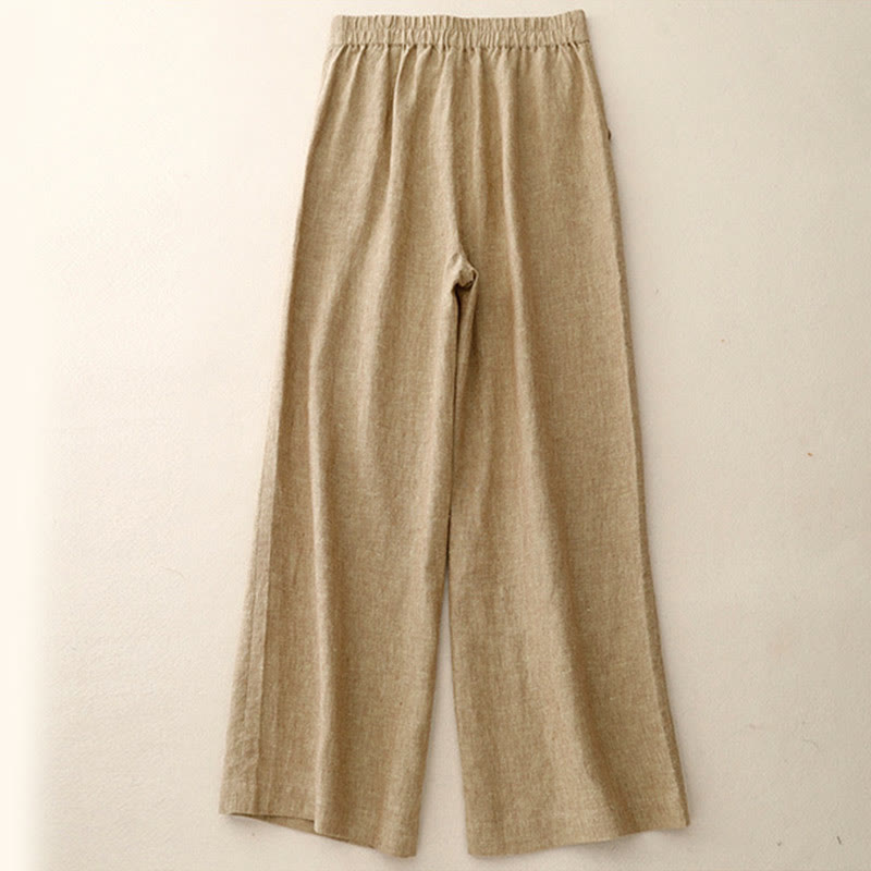 Casual Plain Women's Cotton Linen Elastic Waist Wide Leg Pants With Pockets