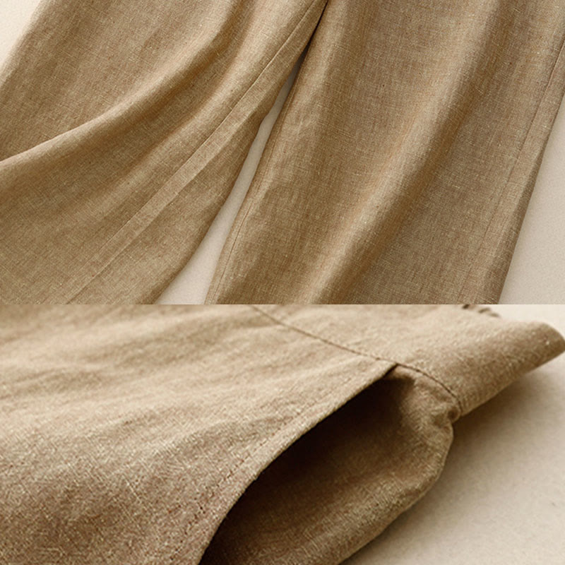 Casual Plain Women's Cotton Linen Elastic Waist Wide Leg Pants With Pockets