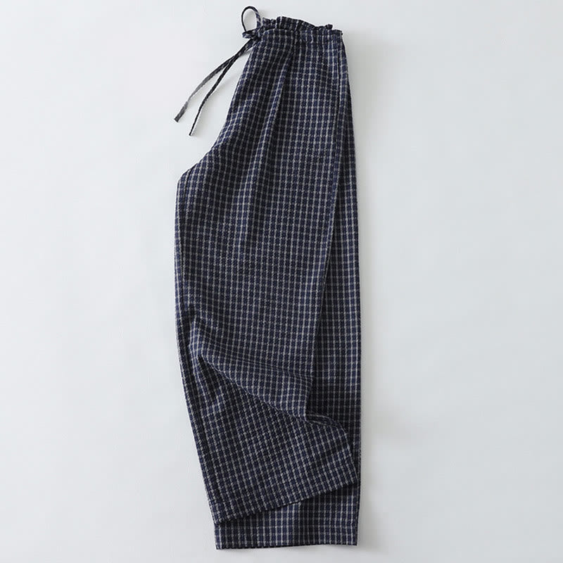 Casual Plaid Pattern Women's Cotton Wide Leg Pants With Pockets
