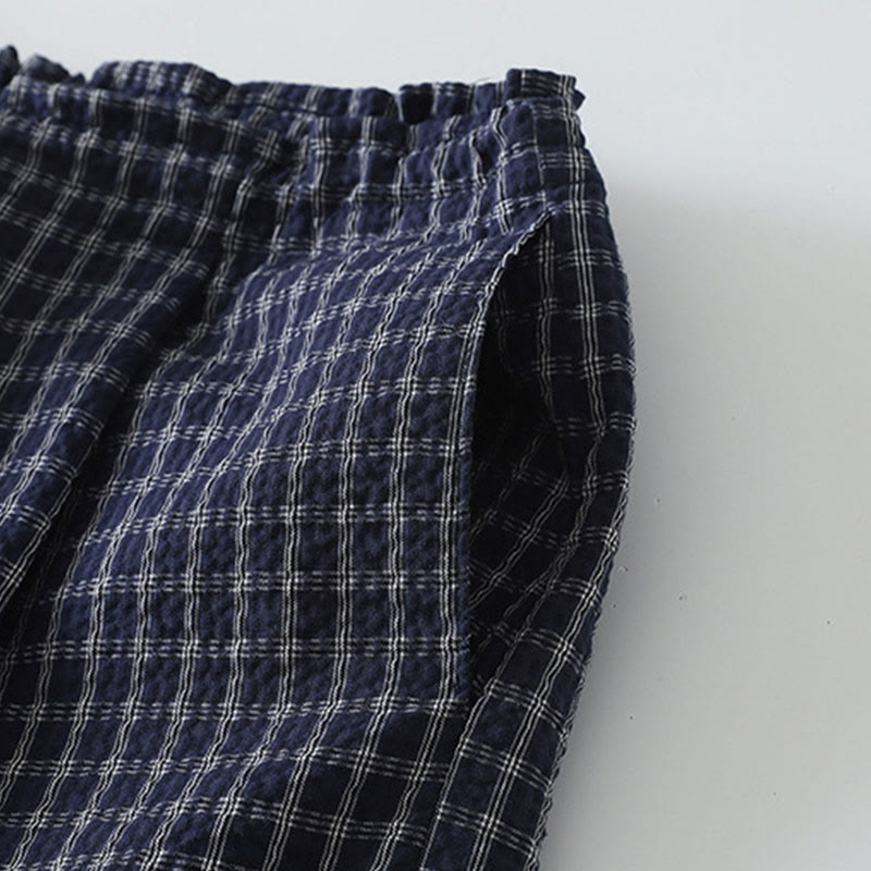 Casual Plaid Pattern Women's Cotton Wide Leg Pants With Pockets