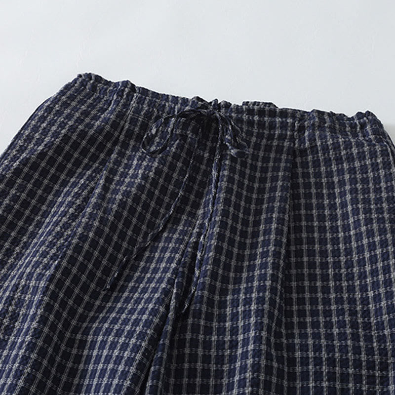 Casual Plaid Pattern Women's Cotton Wide Leg Pants With Pockets