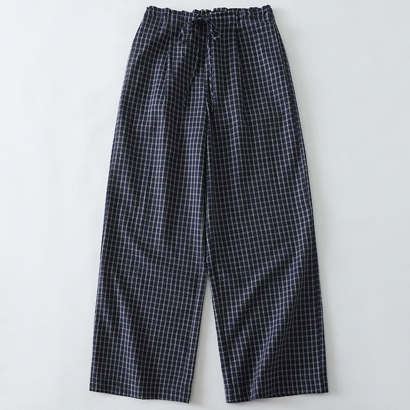 Casual Plaid Pattern Women's Cotton Wide Leg Pants With Pockets
