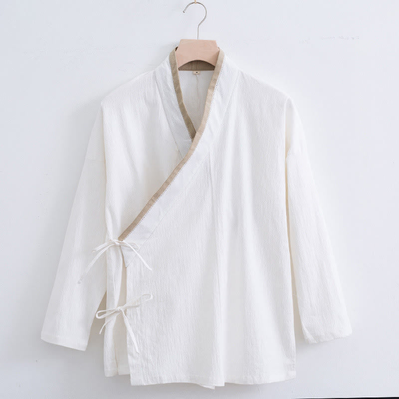 Vintage Solid Long Sleeve Lace-up Design Cotton Linen Men's Shirt