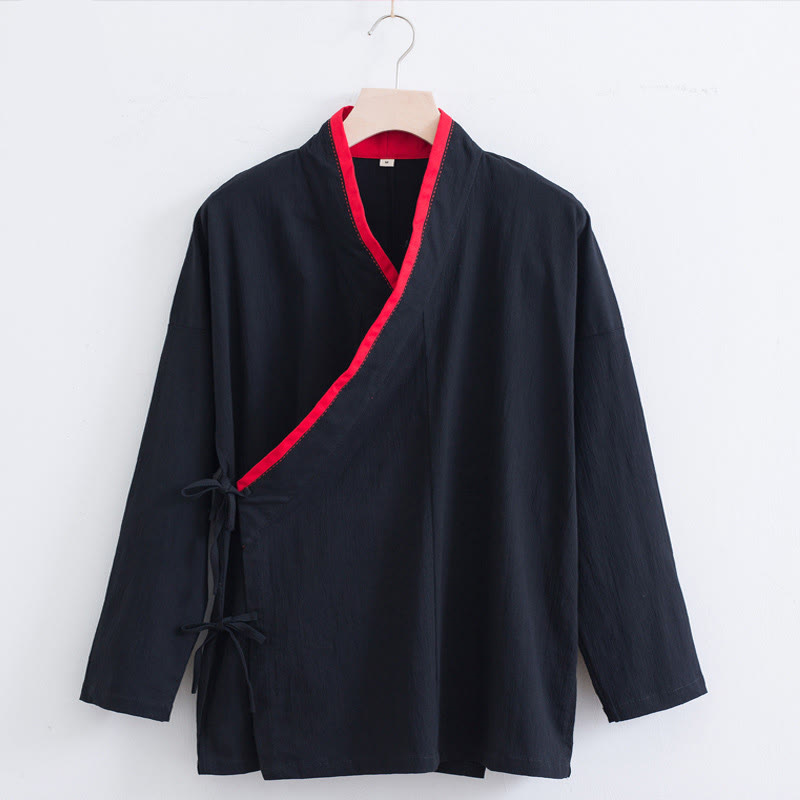 Vintage Solid Long Sleeve Lace-up Design Cotton Linen Men's Shirt