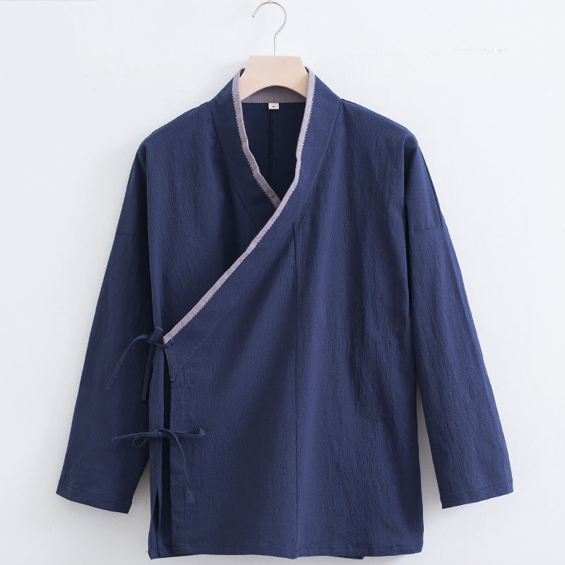 Vintage Solid Long Sleeve Lace-up Design Cotton Linen Men's Shirt