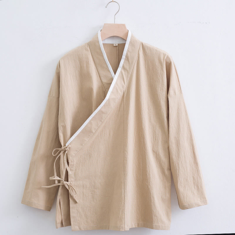 Vintage Solid Long Sleeve Lace-up Design Cotton Linen Men's Shirt