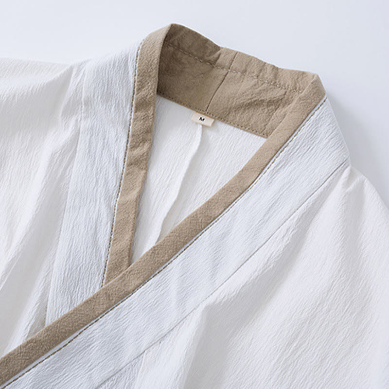 Vintage Solid Long Sleeve Lace-up Design Cotton Linen Men's Shirt