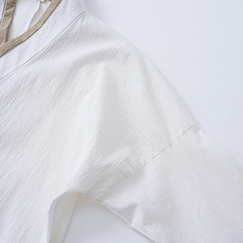 Vintage Solid Long Sleeve Lace-up Design Cotton Linen Men's Shirt