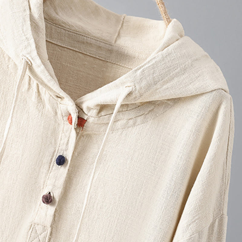 Women's Plain Buttons Design Cotton Long Sleeve Hoodie With Pockets