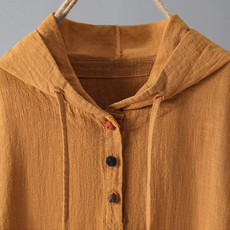 Women's Plain Buttons Design Cotton Long Sleeve Hoodie With Pockets