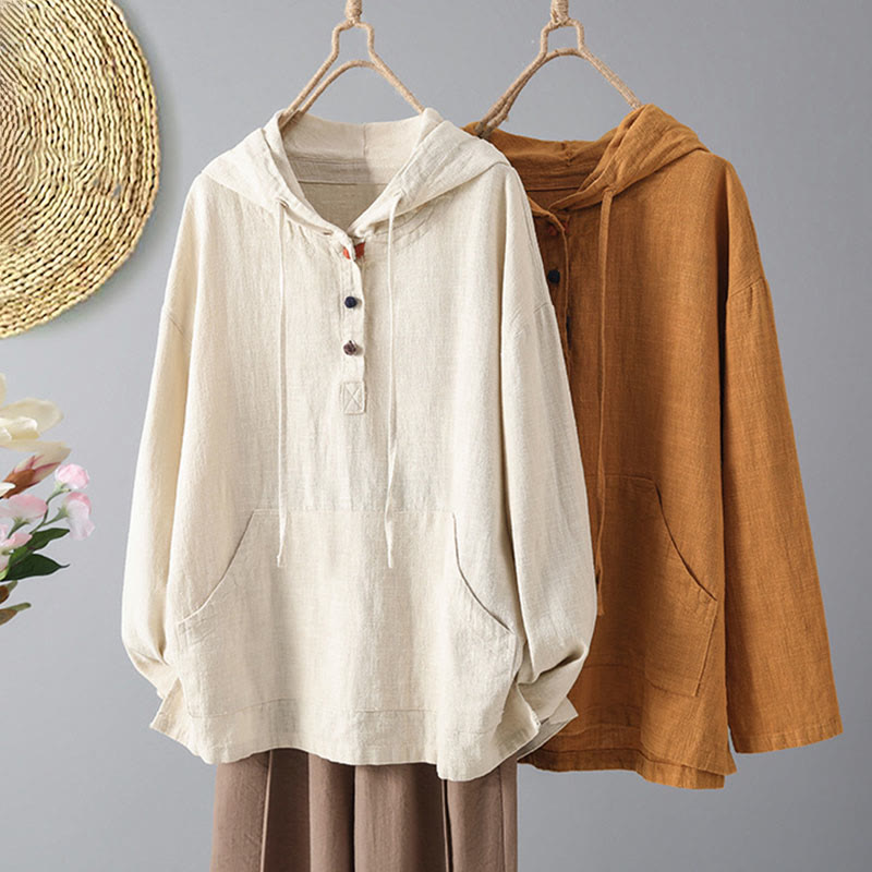 Women's Plain Buttons Design Cotton Long Sleeve Hoodie With Pockets